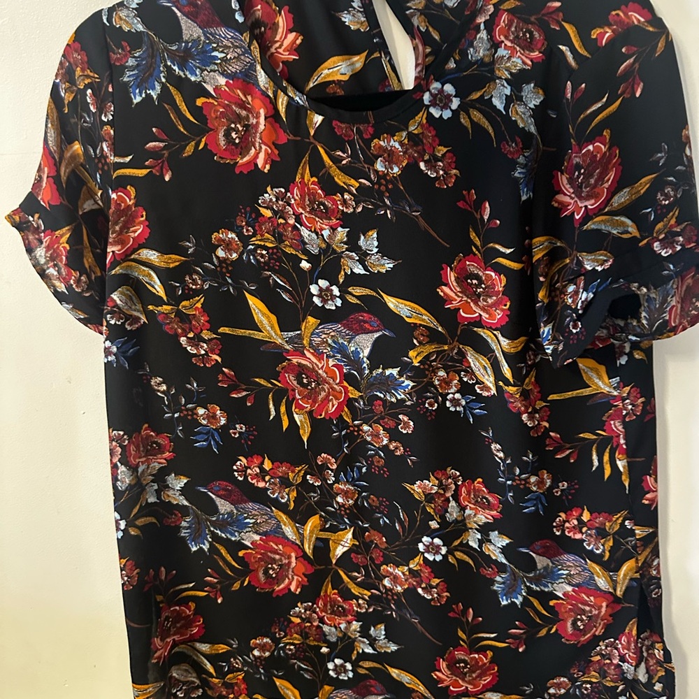 DR2 Black Floral Blouse with Red and Yellow Accents